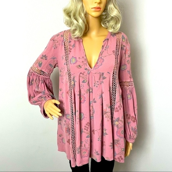 Free People Boho Floral Blouse | Pink | Size Small - Picture 1 of 14